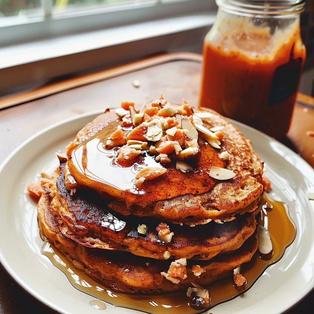 Delicious carrot cake pancakes topped with cream cheese frosting and walnuts