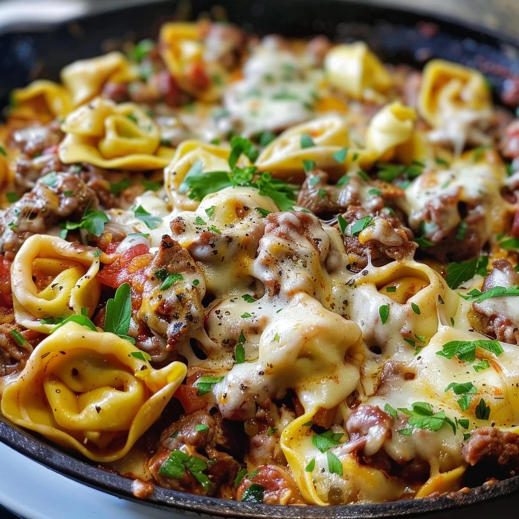 Delicious Cheesesteak Tortellini Skillet served in a pan