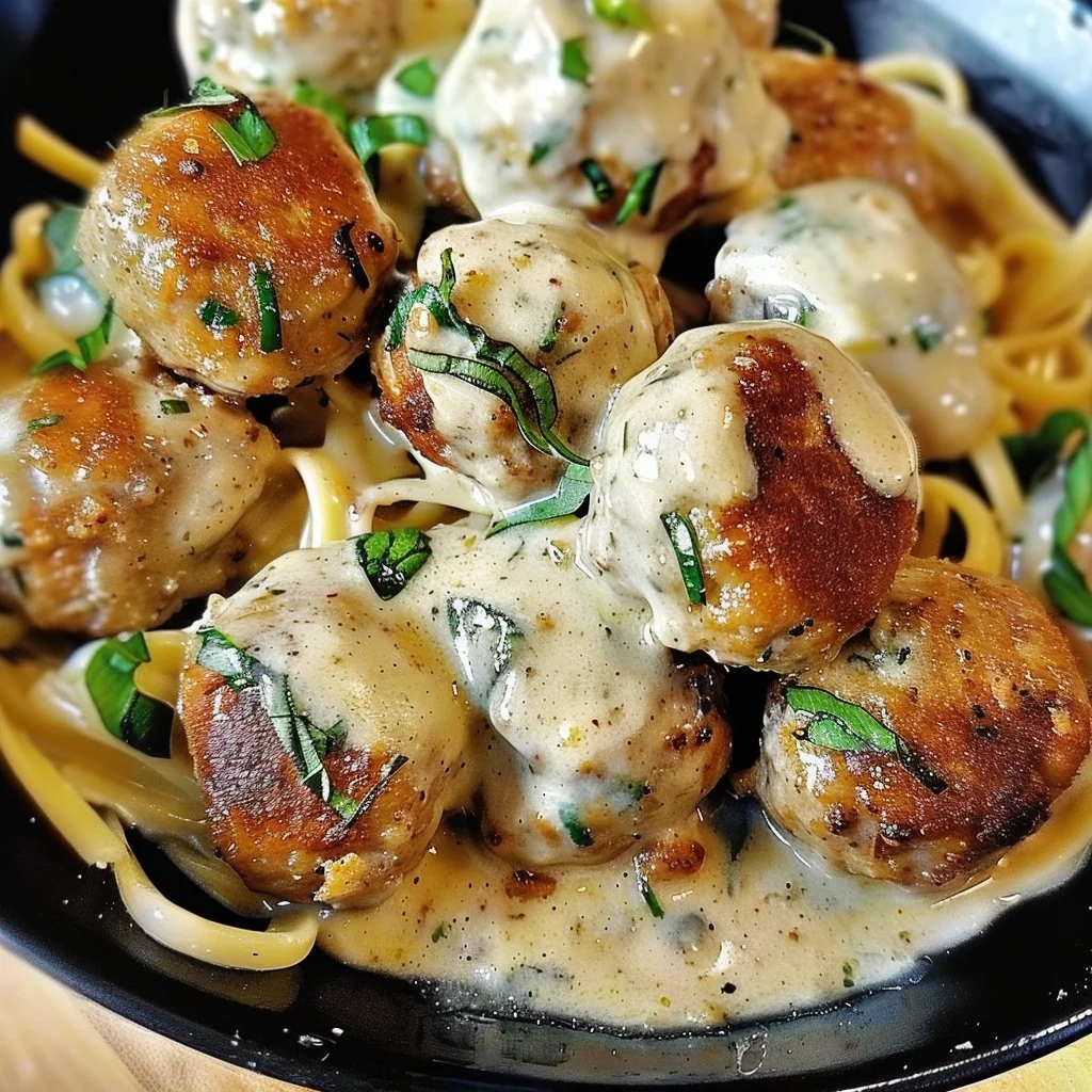 Chicken meatballs served with spicy Cajun Alfredo sauce in a bowl