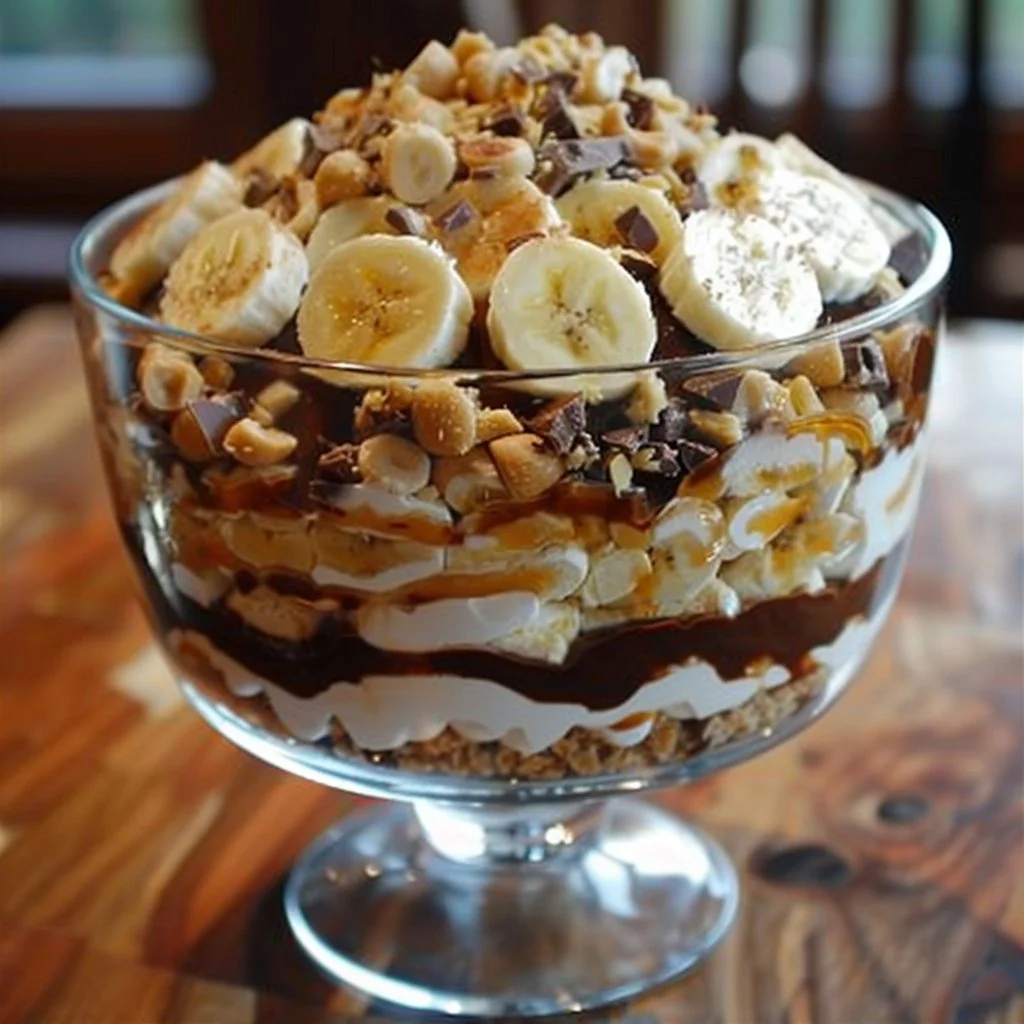 Chocolate Peanut Butter Banana Trifle with layers of chocolate, peanut butter, and bananas