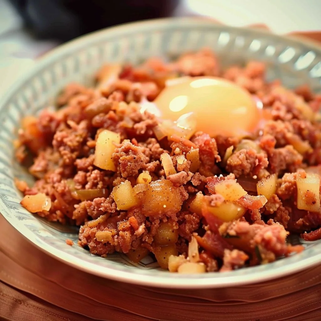 Plate of delicious corned beef hash with potatoes and onions