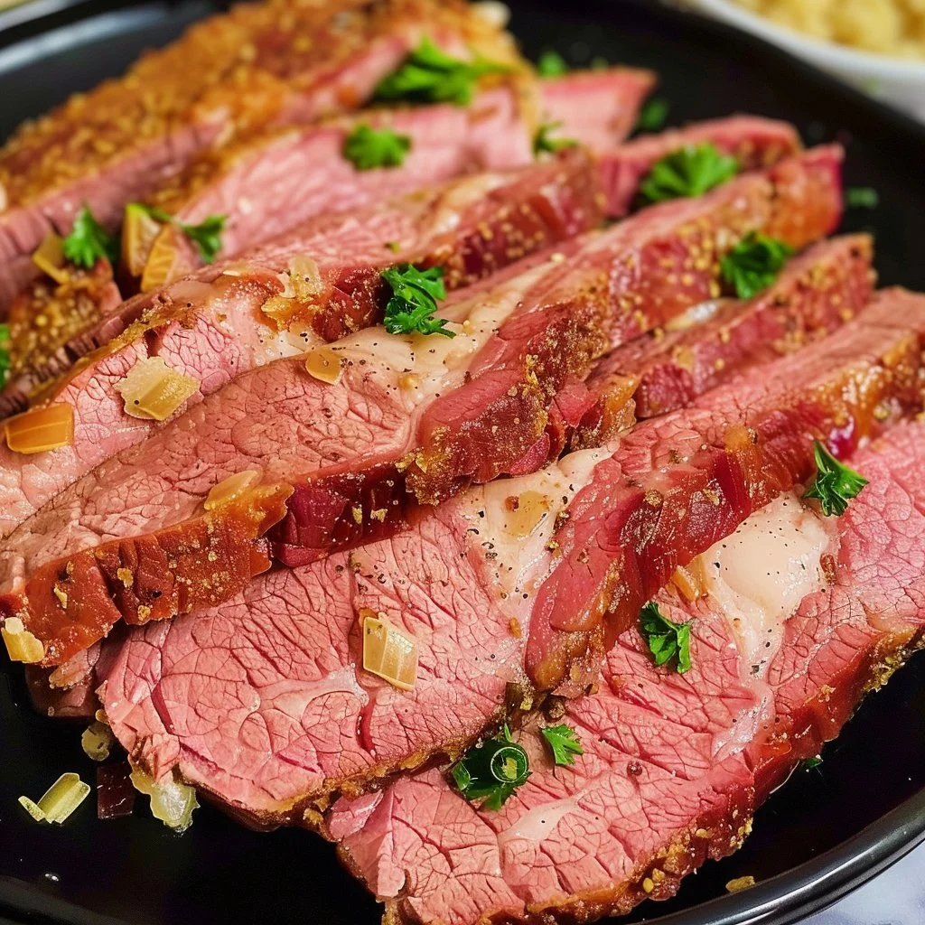 Juicy corned beef prepared in an air fryer, served with vegetables.