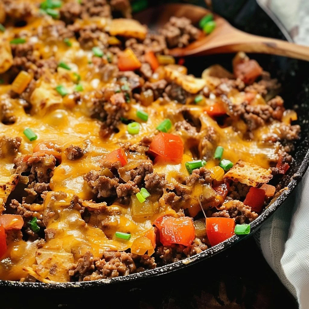 Delicious country ground beef skillet dinner featuring fresh vegetables.