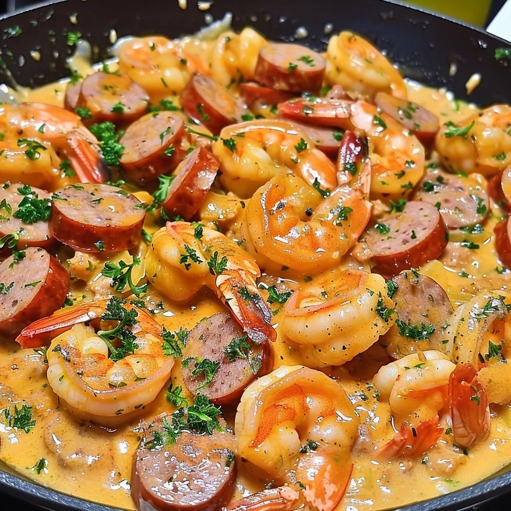 Creamy Cajun shrimp and sausage dish served on a plate, garnished and ready to enjoy.