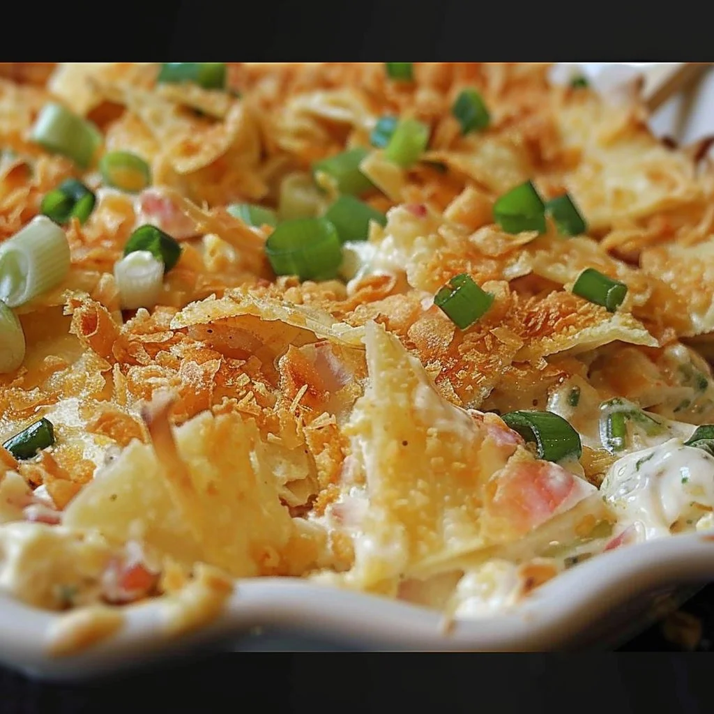 Creamy Crab Rangoon Casserole topped with crispy wontons and fresh chives