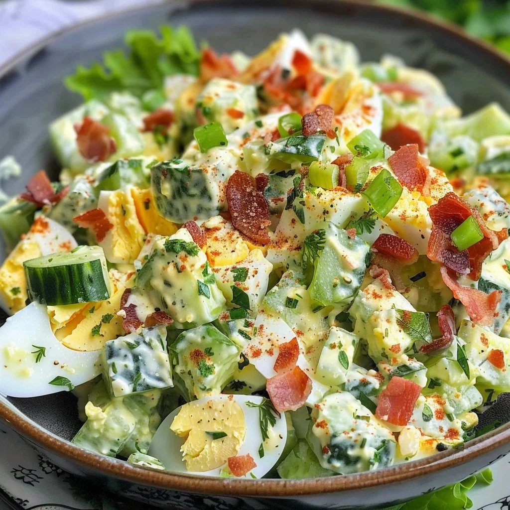 Creamy cucumber egg salad with bacon in a bowl