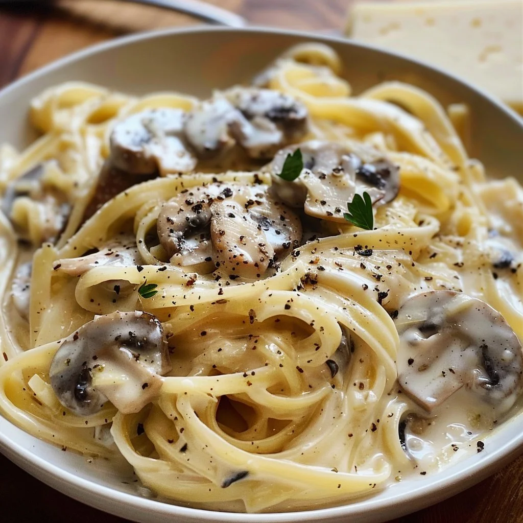 Creamy mushroom pasta dish with fresh herbs and cheese garnish