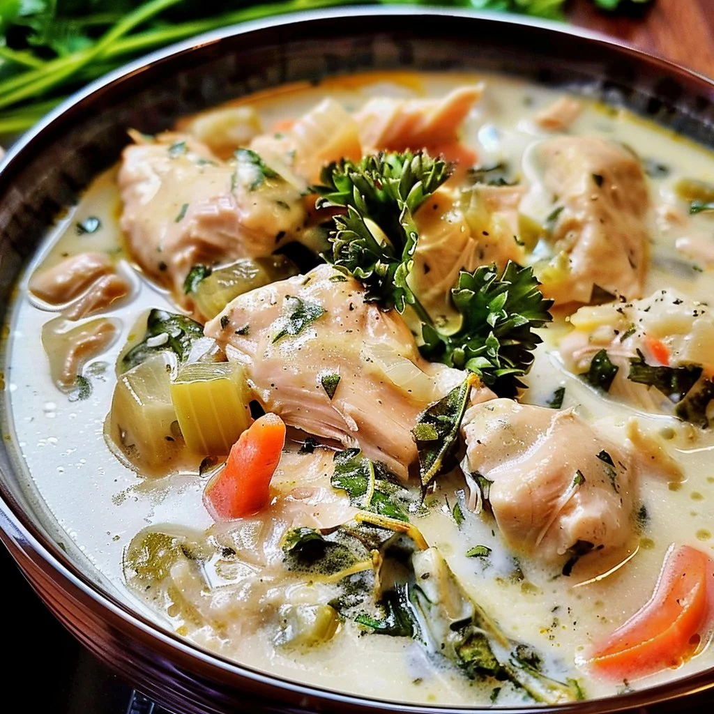 Bowl of creamy ranch chicken stew garnished with herbs and vegetables.