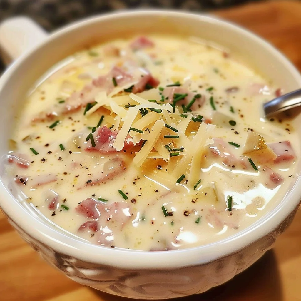 Bowl of creamy Reuben soup with ingredients like corned beef and sauerkraut