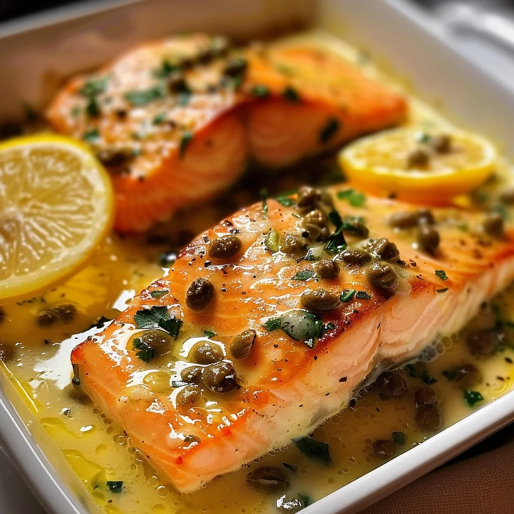 Creamy salmon piccata with lemon and capers served on a plate