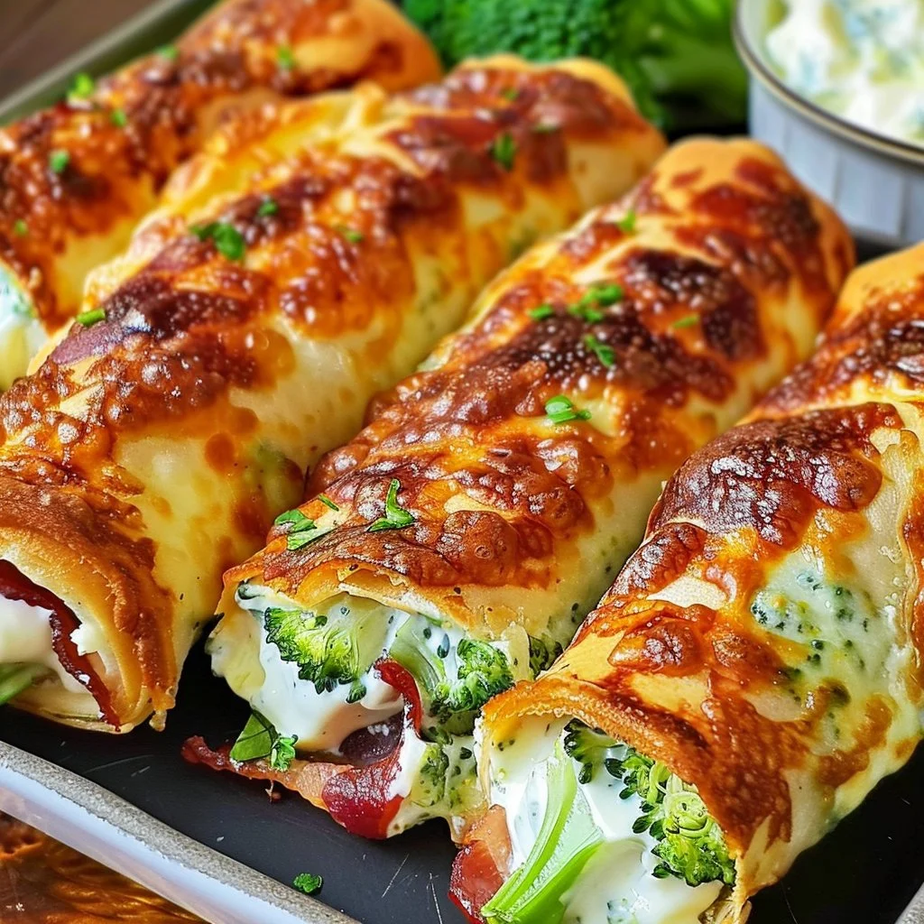 Crispy roll ups with cream cheese, broccoli, and bacon ready to serve.