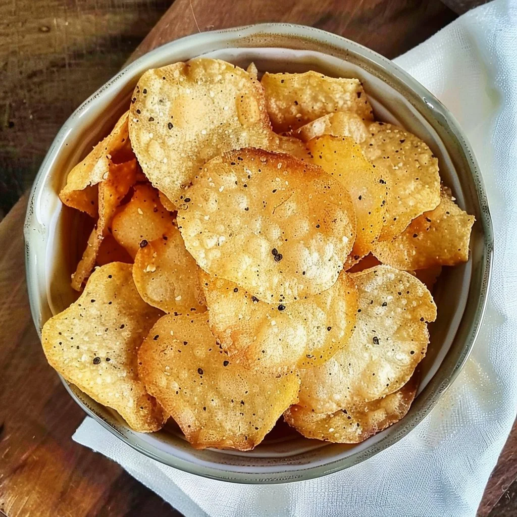 Crunchy homemade zero net carb chips on a wooden table ready for snacking.