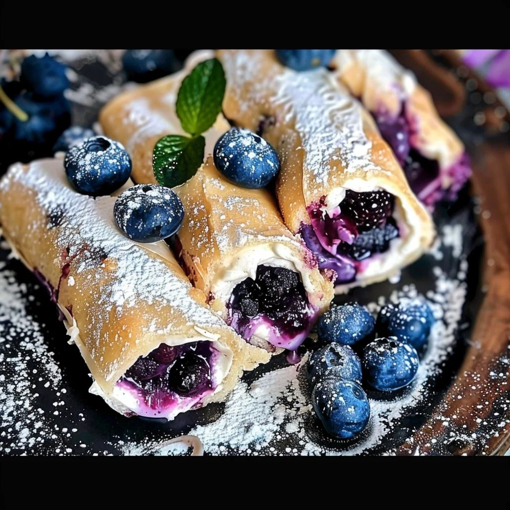 Delicious dessert roll ups with blueberry cheesecake filling for a sweet treat.