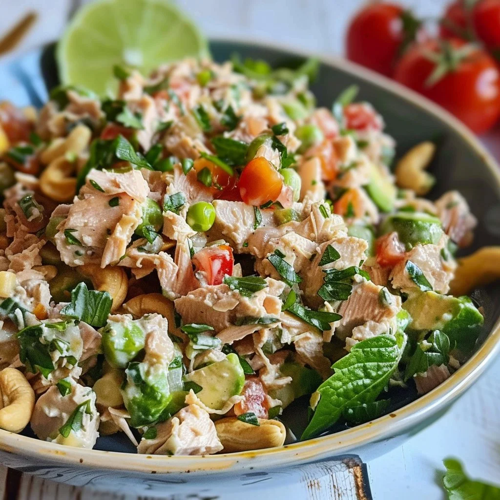 Delicious easy cashew tuna salad served on a plate with fresh vegetables