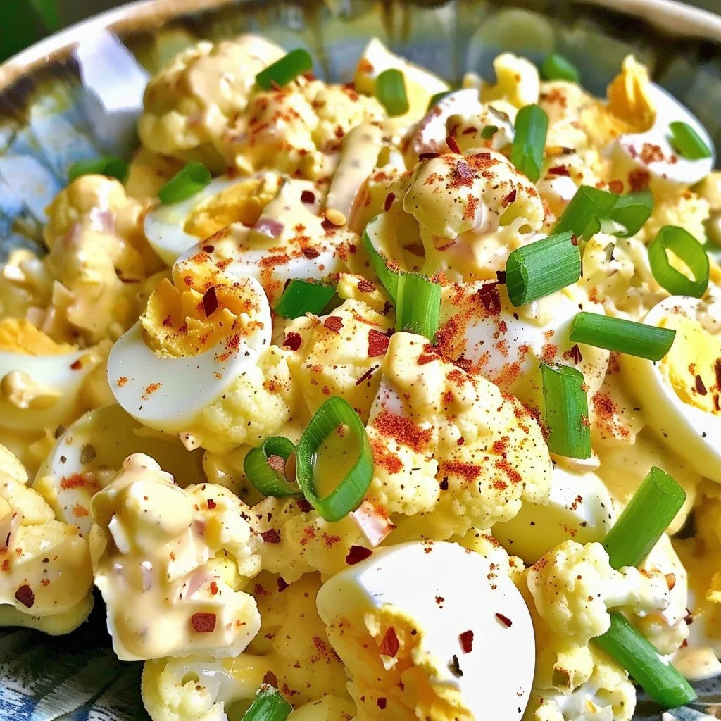 Delicious serving of easy deviled cauliflower and egg salad in a bowl.