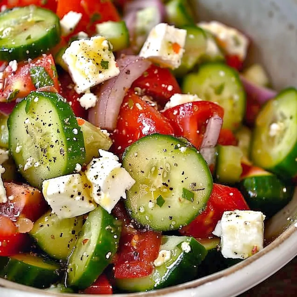 Easy Greek salad with cucumbers and feta in a colorful bowl