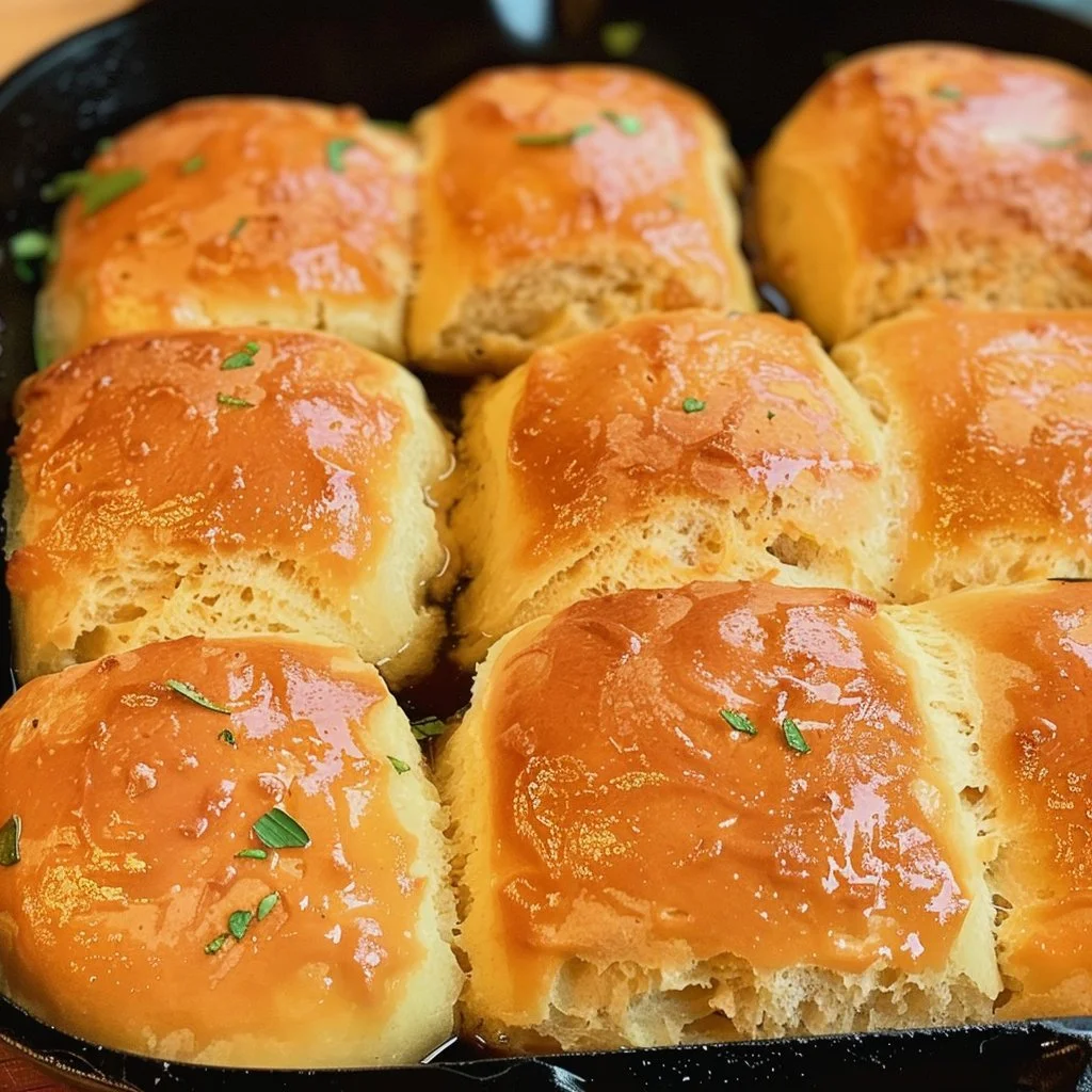 Freshly baked easy Hawaiian skillet rolls in a cast iron skillet.