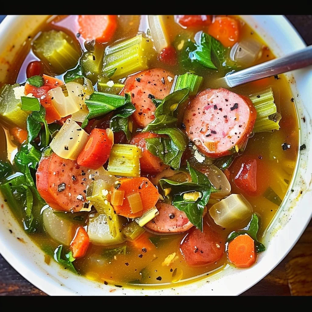 A bowl of easy healthy kielbasa and veggie soup garnished with fresh herbs.