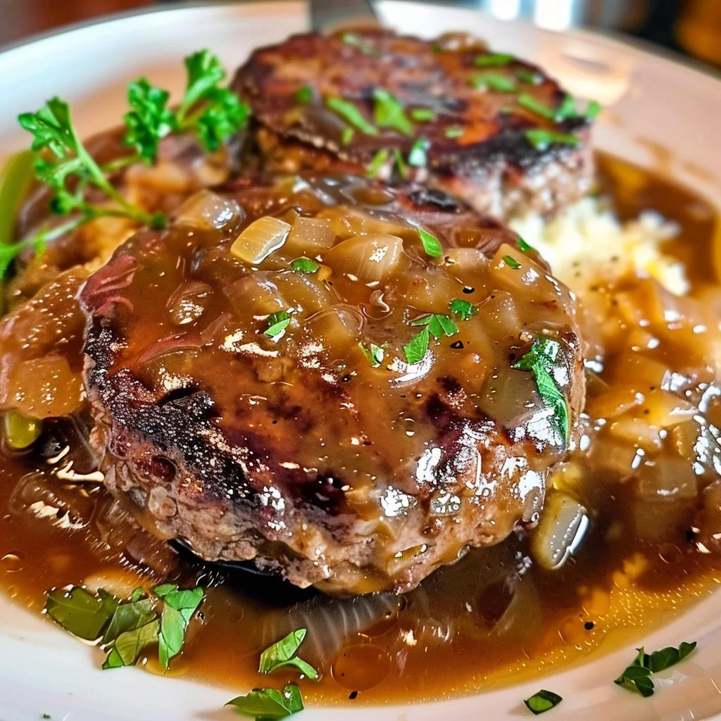 Delicious homemade Salisbury steak served with gravy and mashed potatoes.