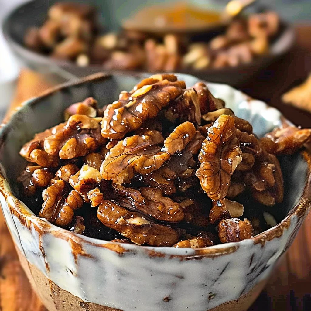 Bowl of easy sugar free candied walnuts on a wooden table