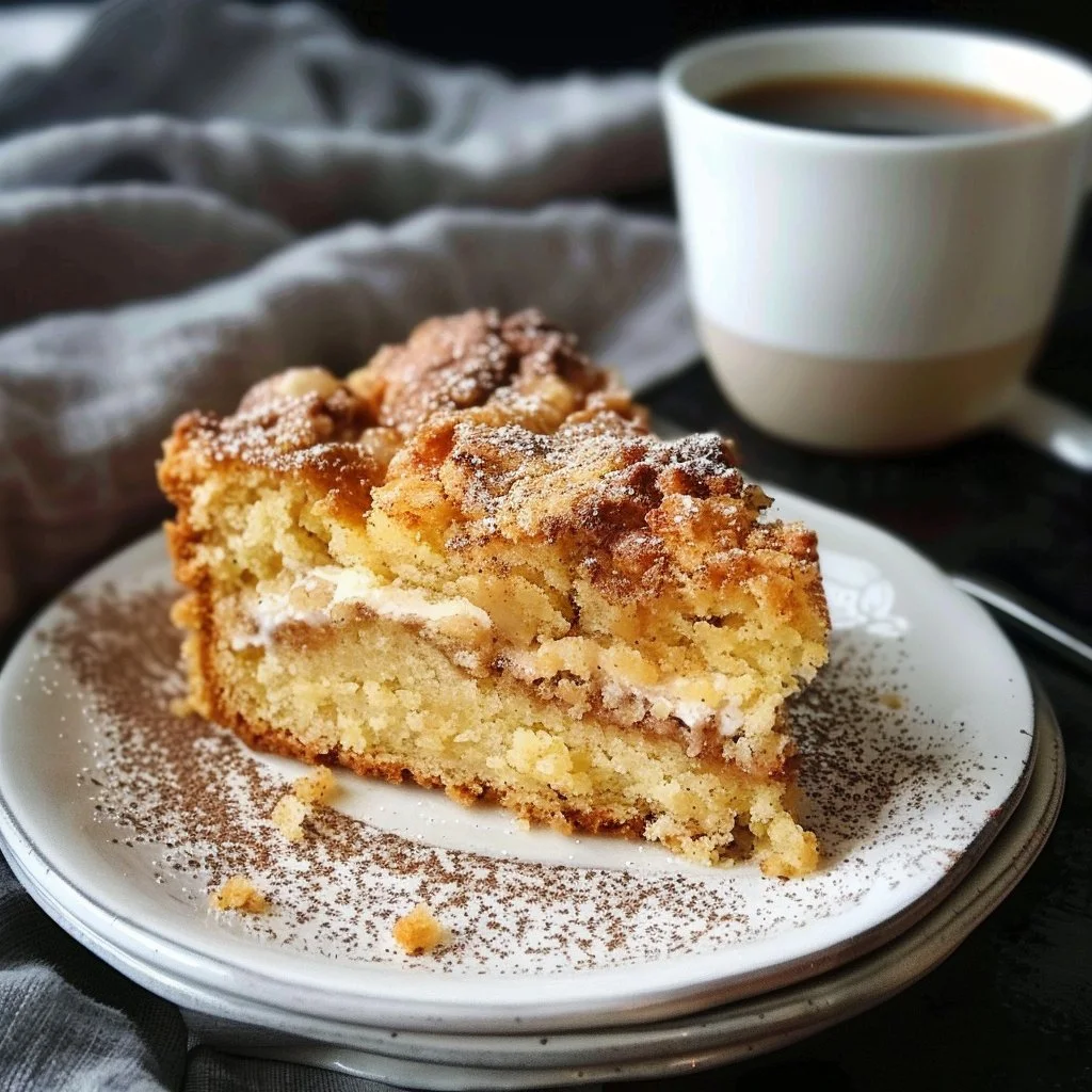 Delicious easy-to-make coffee cake sliced on a plate