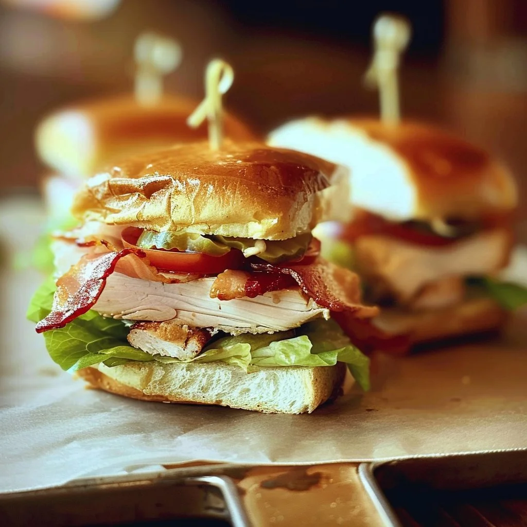 Delicious turkey club sliders stacked on a platter with fresh ingredients.