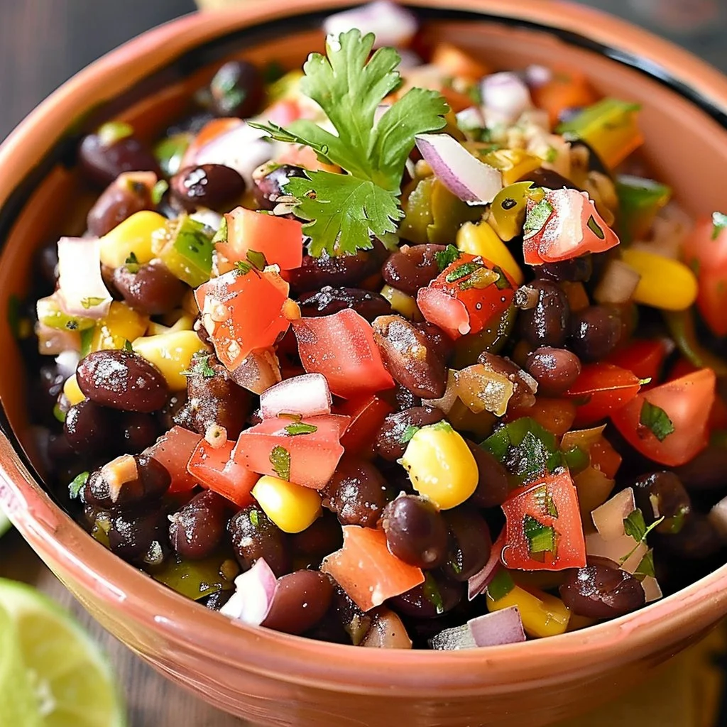 Bowl of easy viral cowboy caviar with colorful ingredients on a wooden table.