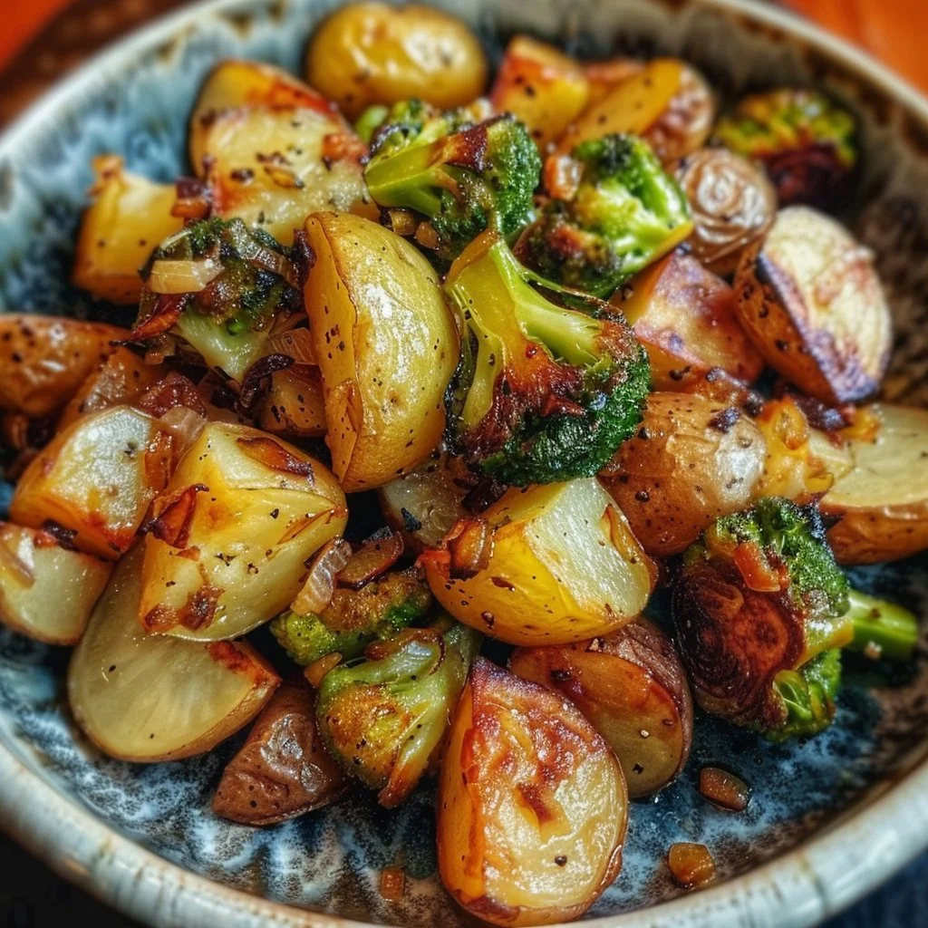 Roasted Garlic Brussels sprouts and potatoes on a serving plate