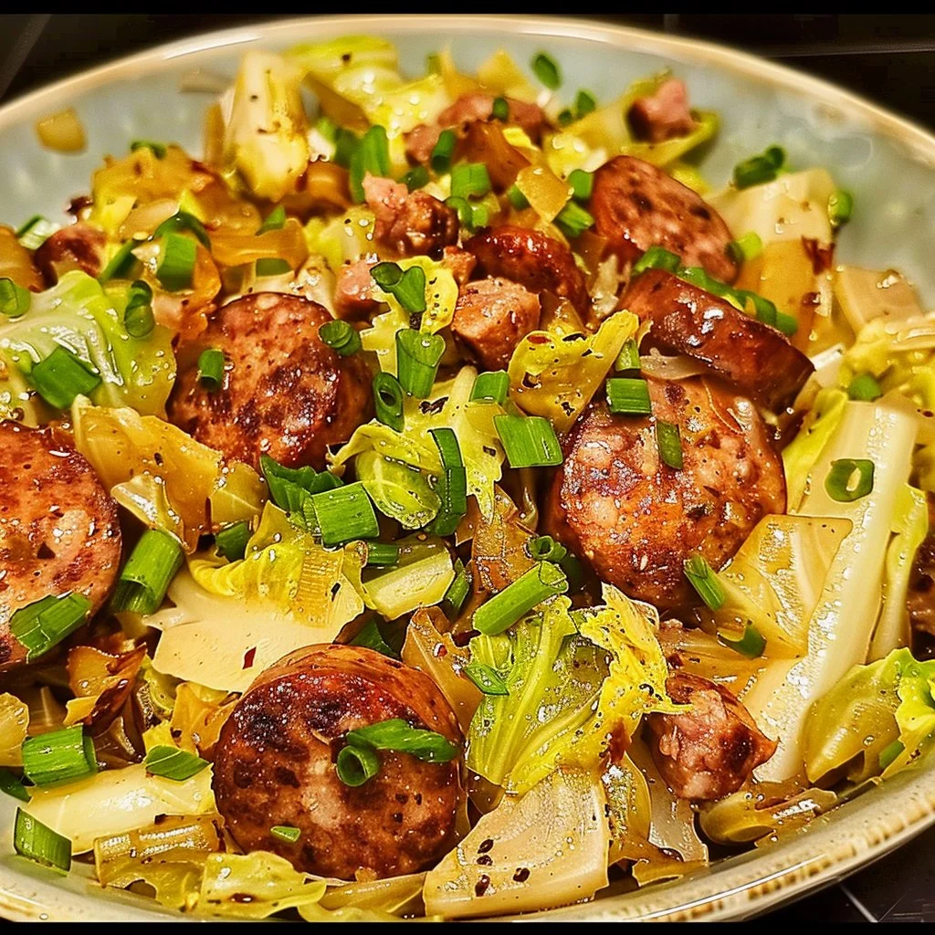 Delicious garlic butter cabbage and sausage dish served on a plate