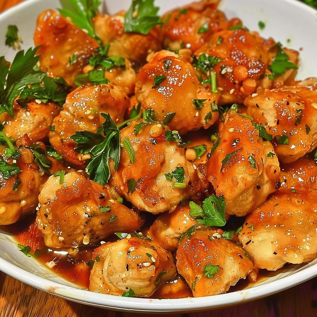 Delicious Garlic Butter Chicken Bites garnished and ready to serve.