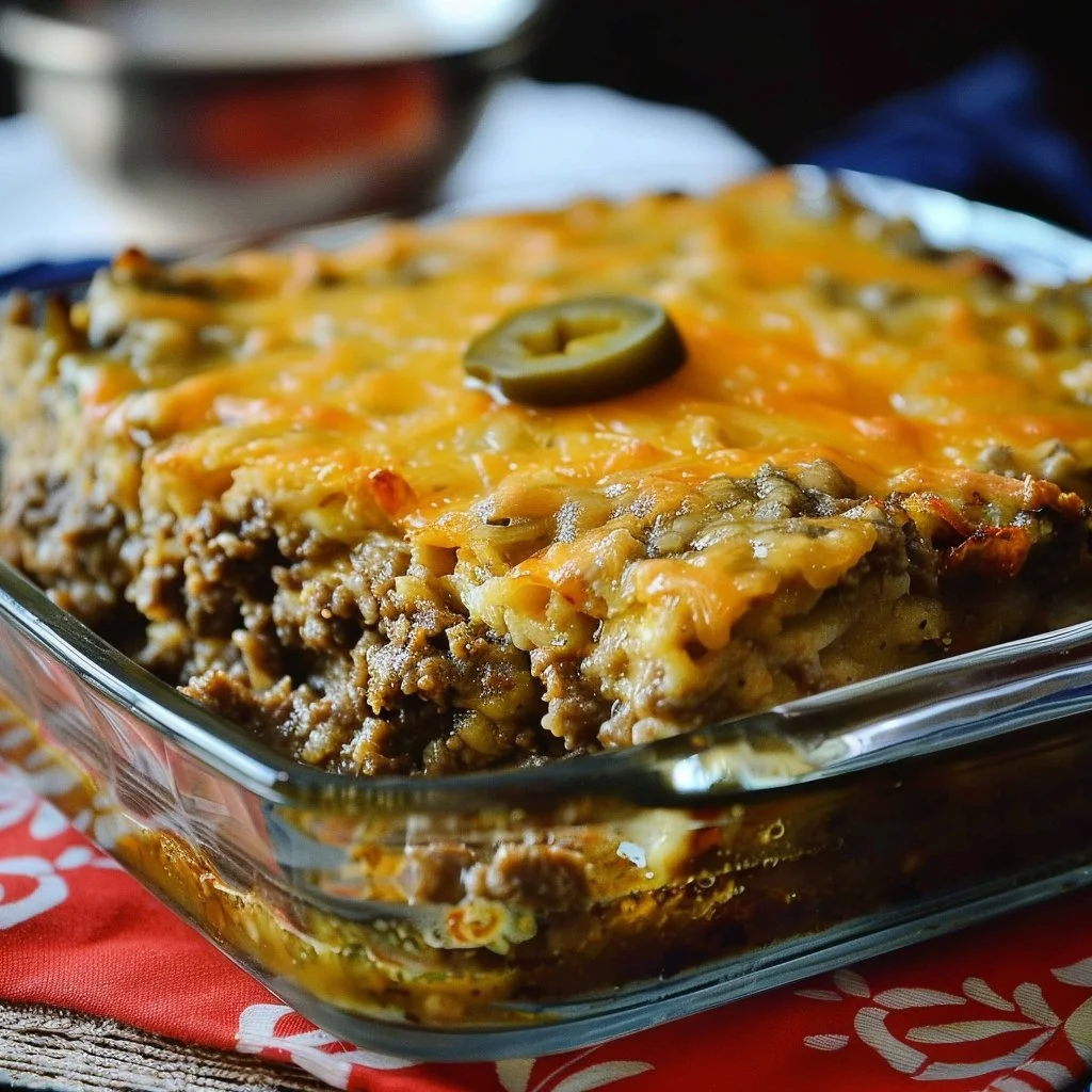 Delicious Ground Beef Chile Relleno Casserole topped with cheese and peppers