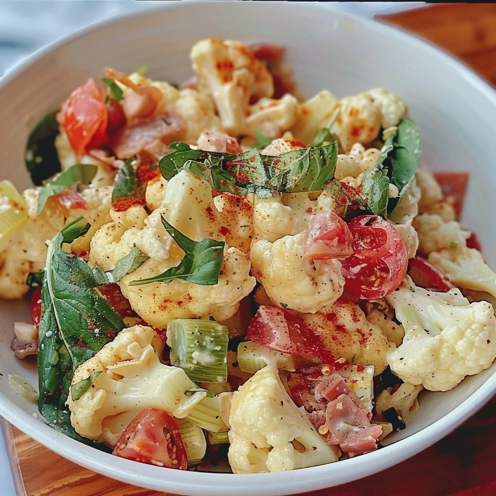 High protein BLT cauliflower salad with bacon, lettuce, and tomatoes