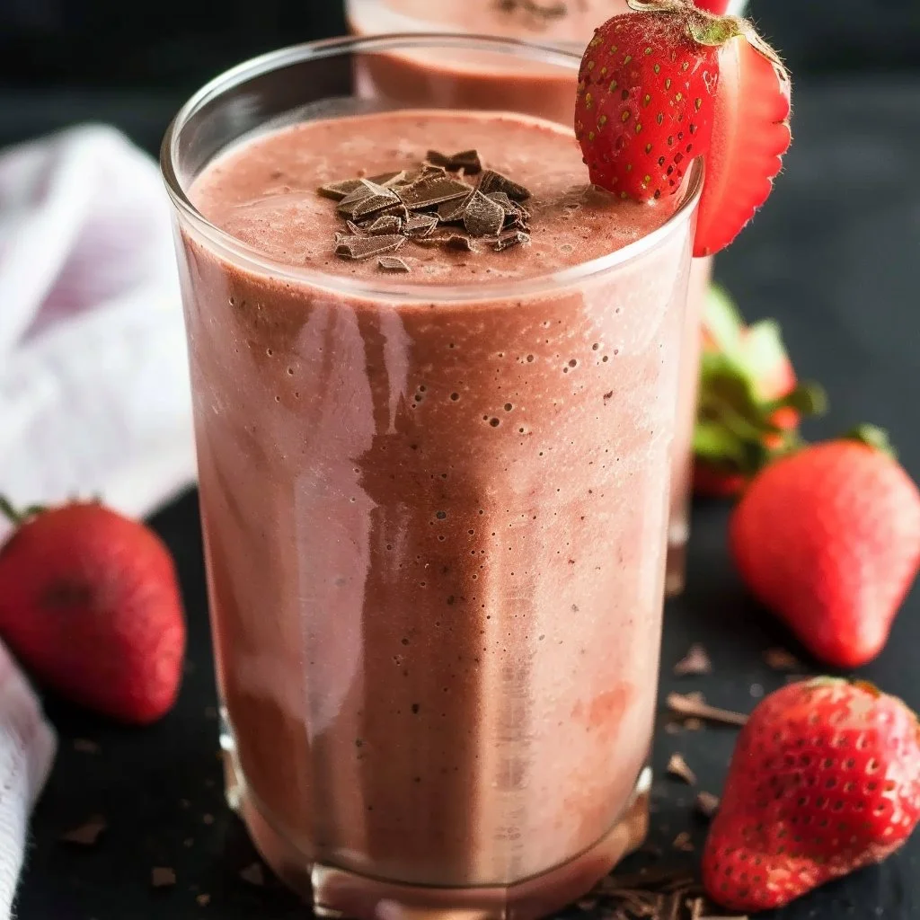 High protein chocolate strawberry smoothie with fresh ingredients