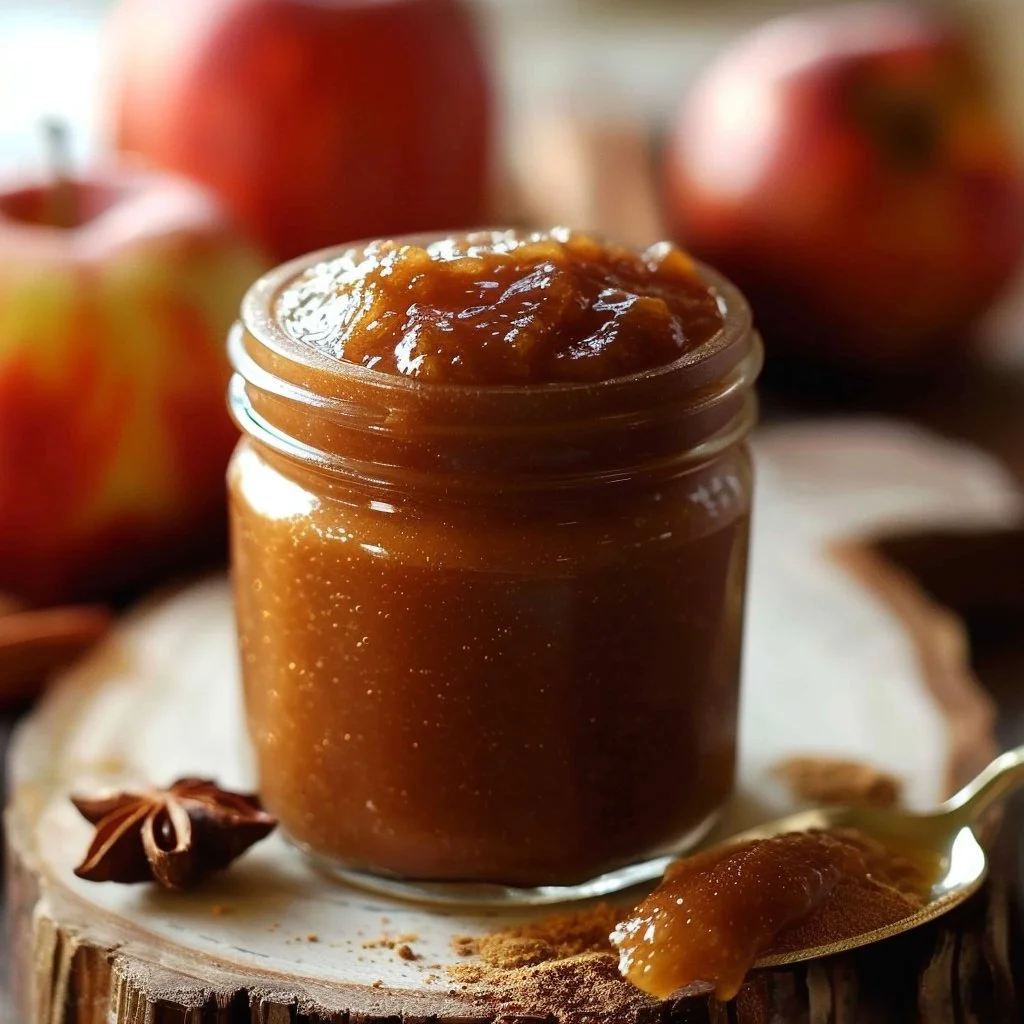 A jar of homemade apple butter with fresh apples and cinnamon sticks around it.