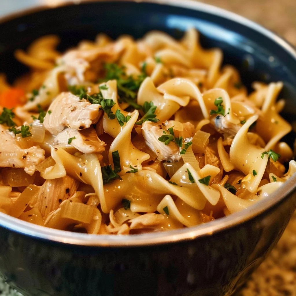 Instant Pot chicken and noodles dish, ready to serve.
