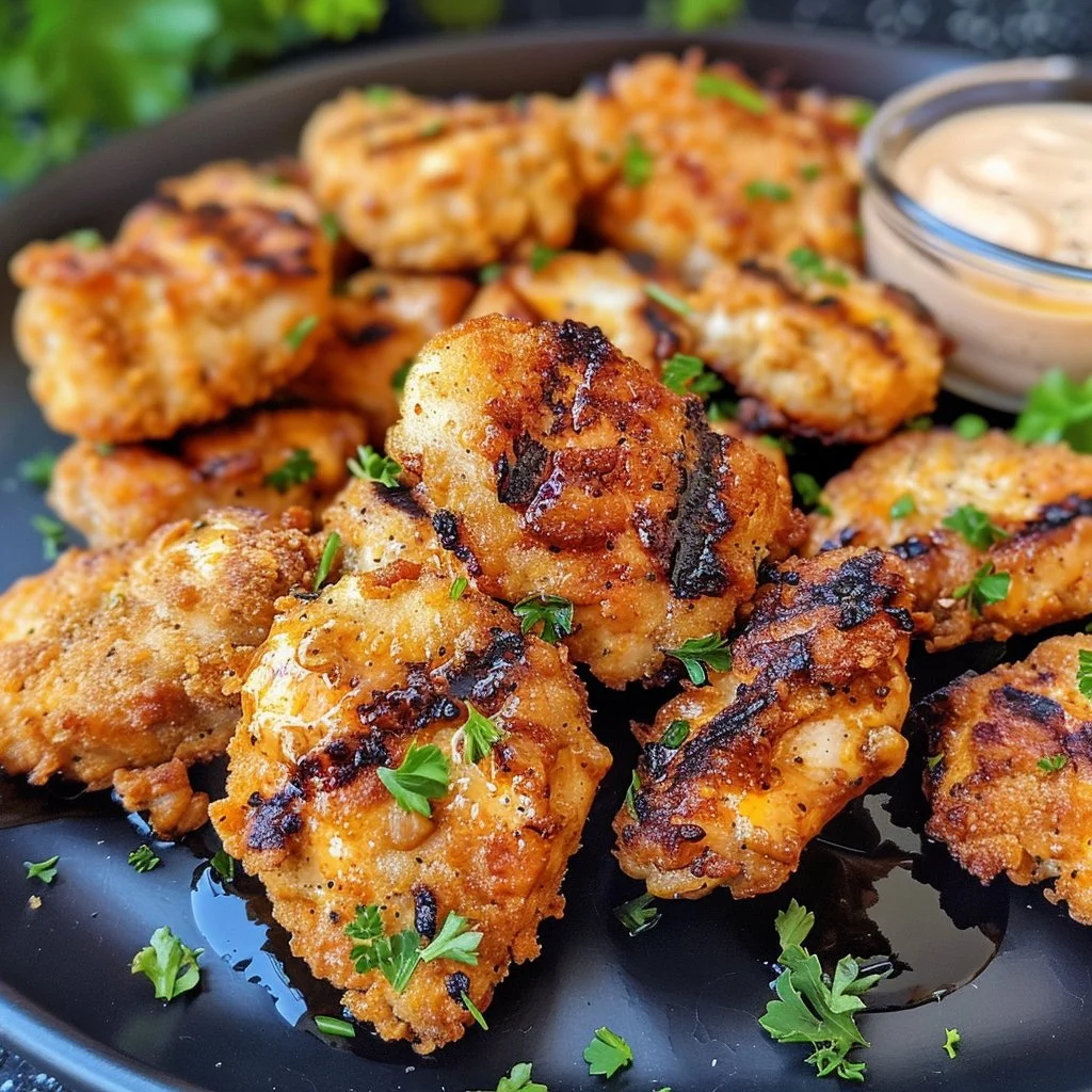 Keto grilled chicken nuggets served with dipping sauce on a plate.