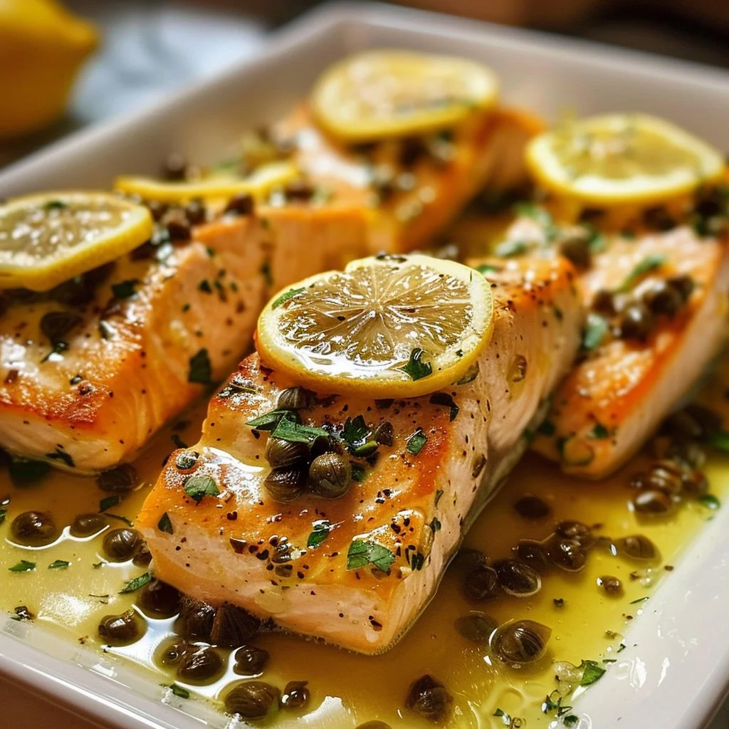 Lemon-Caper Salmon Piccata garnished with parsley on a plate