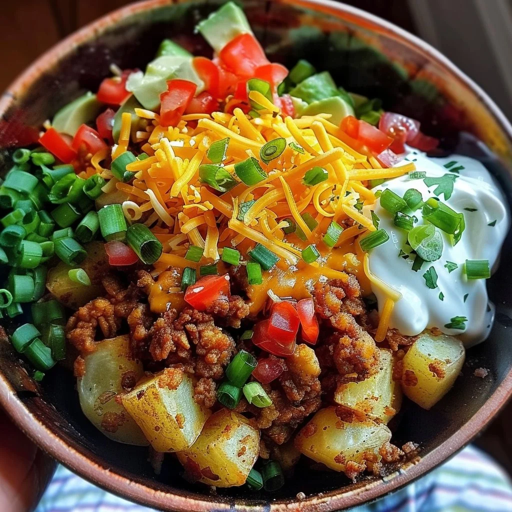 Loaded Potato Taco Bowl featuring crispy potatoes, fresh toppings, and savory spices.