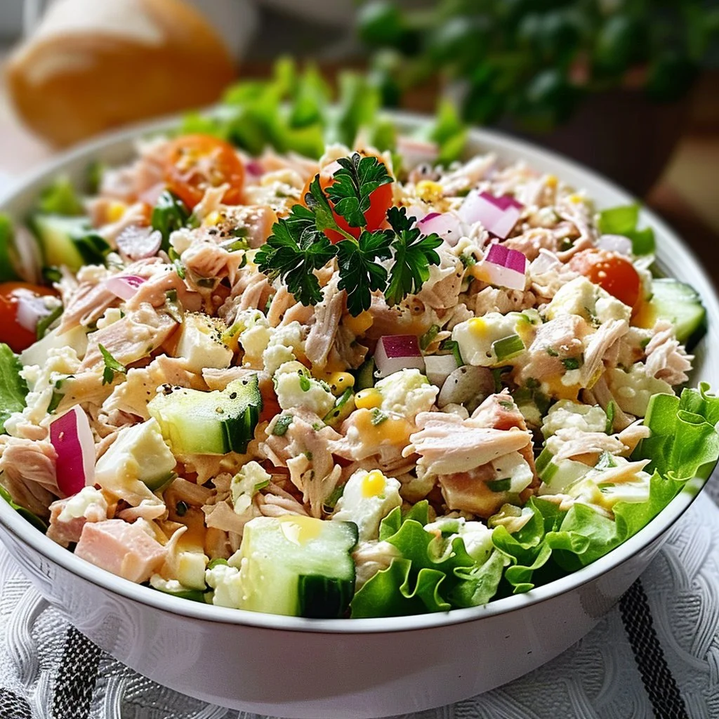 Loaded tuna salad with cottage cheese in a bowl, garnished with herbs.