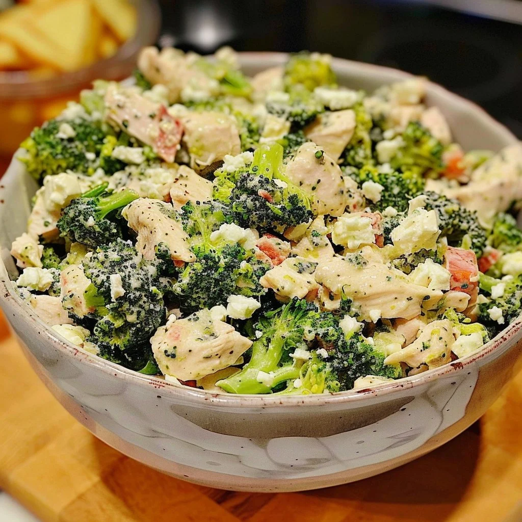 Low carb broccoli chicken salad with feta cheese in a bowl