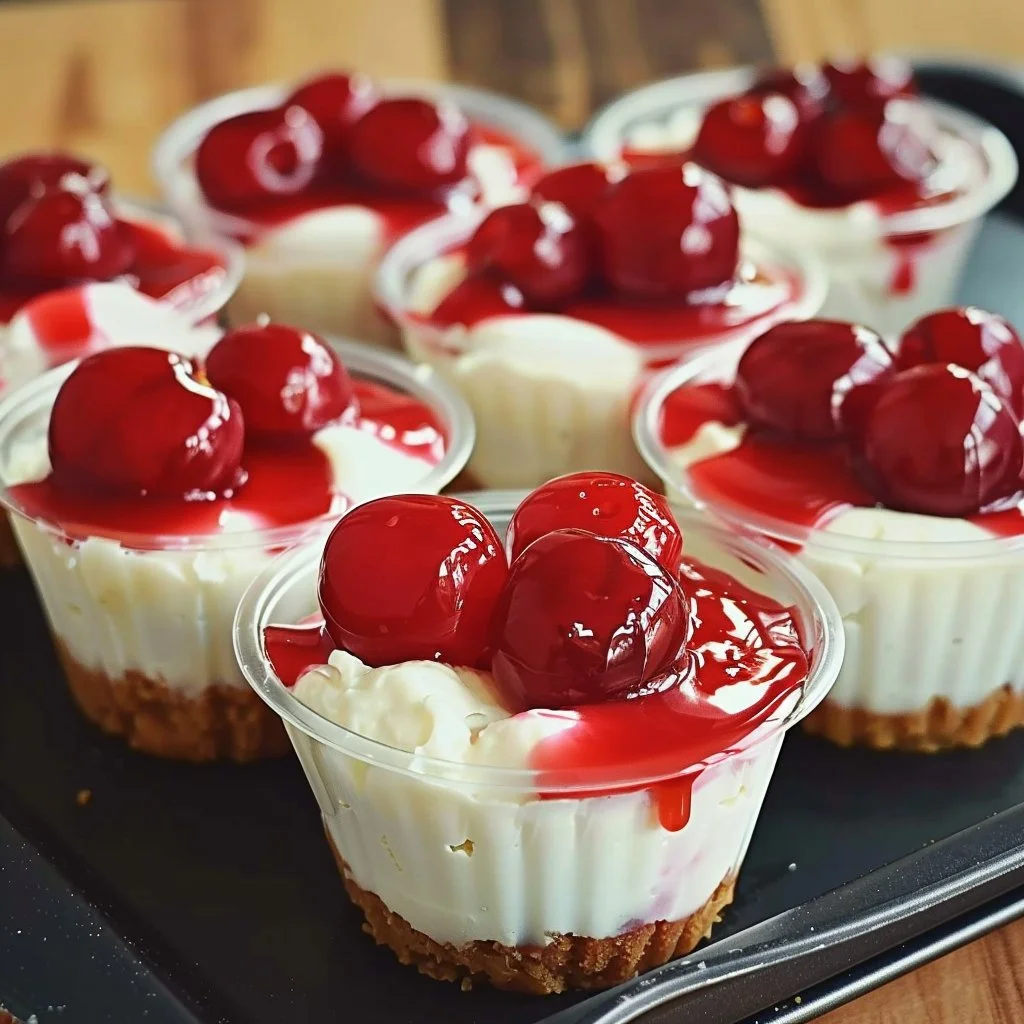 Low carb cherry cheesecake cups dessert in clear jars