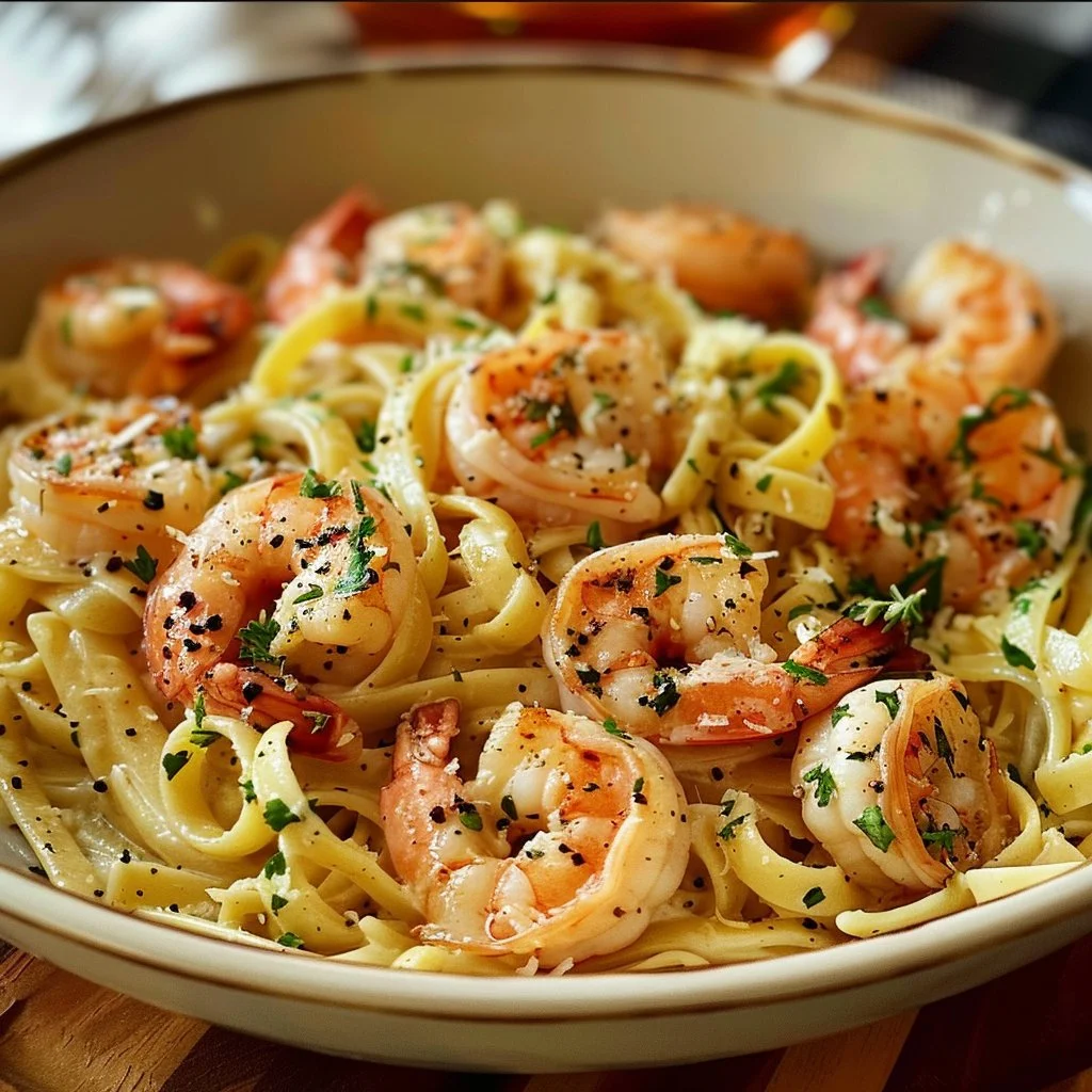 Creamy garlic shrimp pasta dish garnished with herbs and spices
