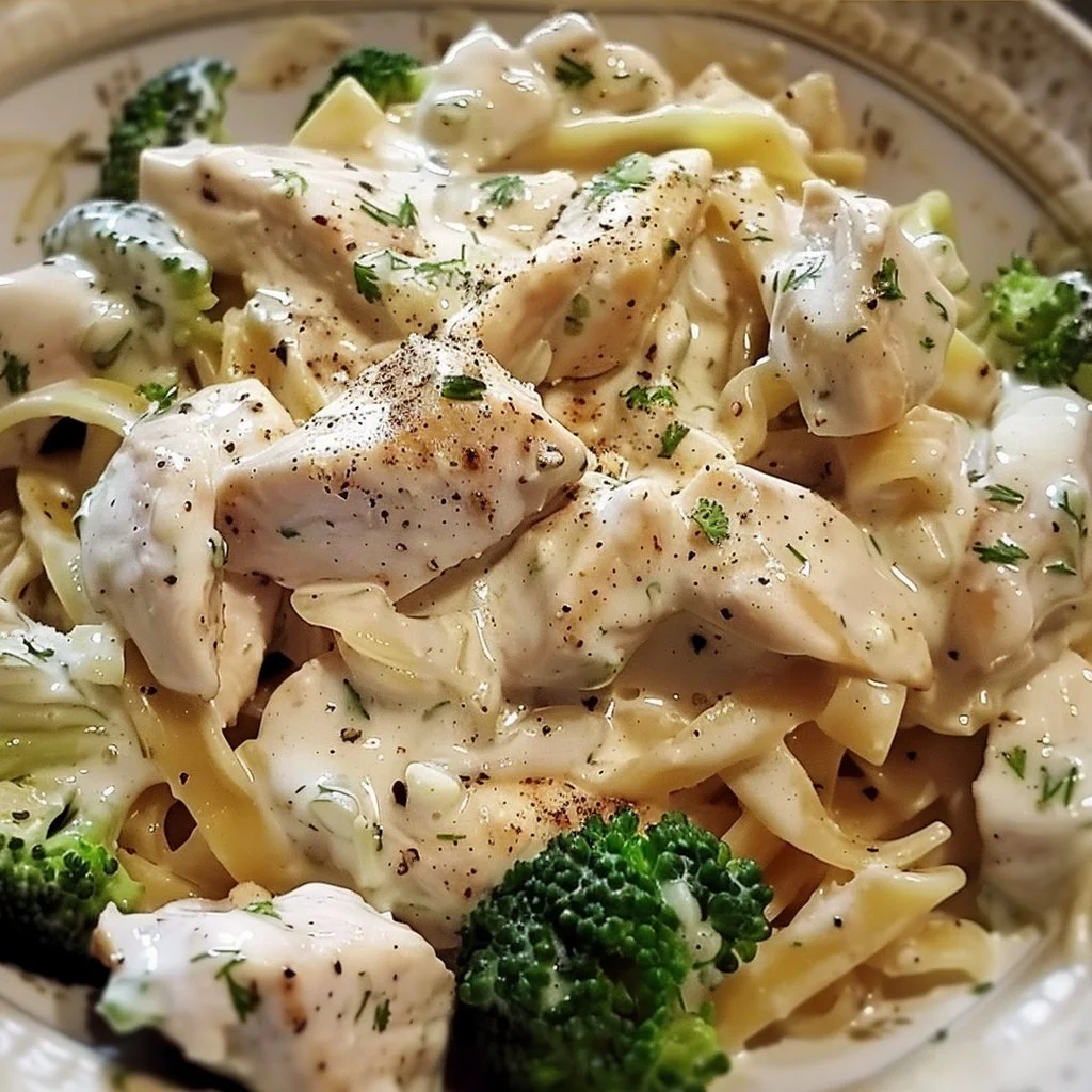 Plate of quick and easy Chicken Alfredo with pasta and grilled chicken