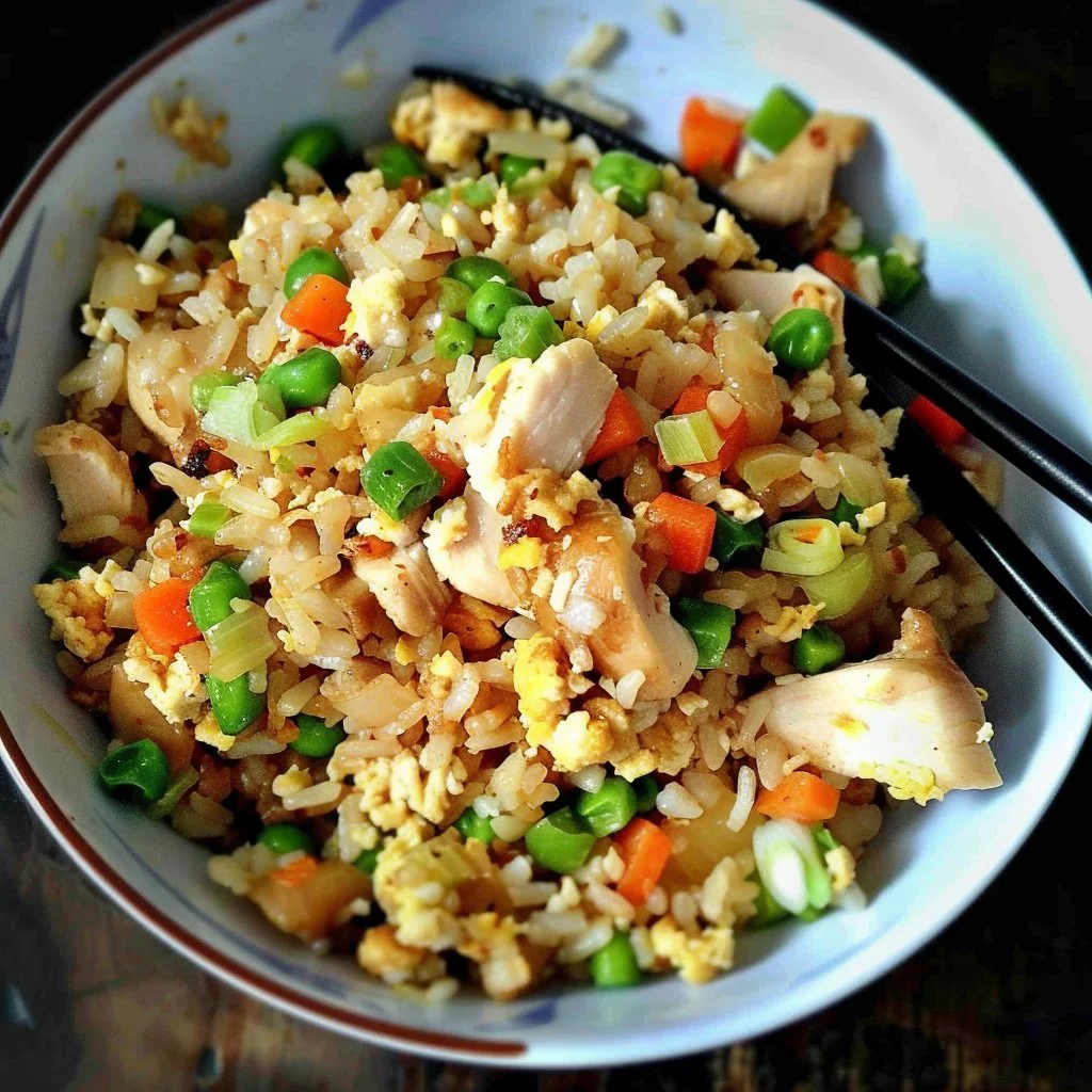 Plate of quick and easy chicken fried rice with vegetables and chicken pieces