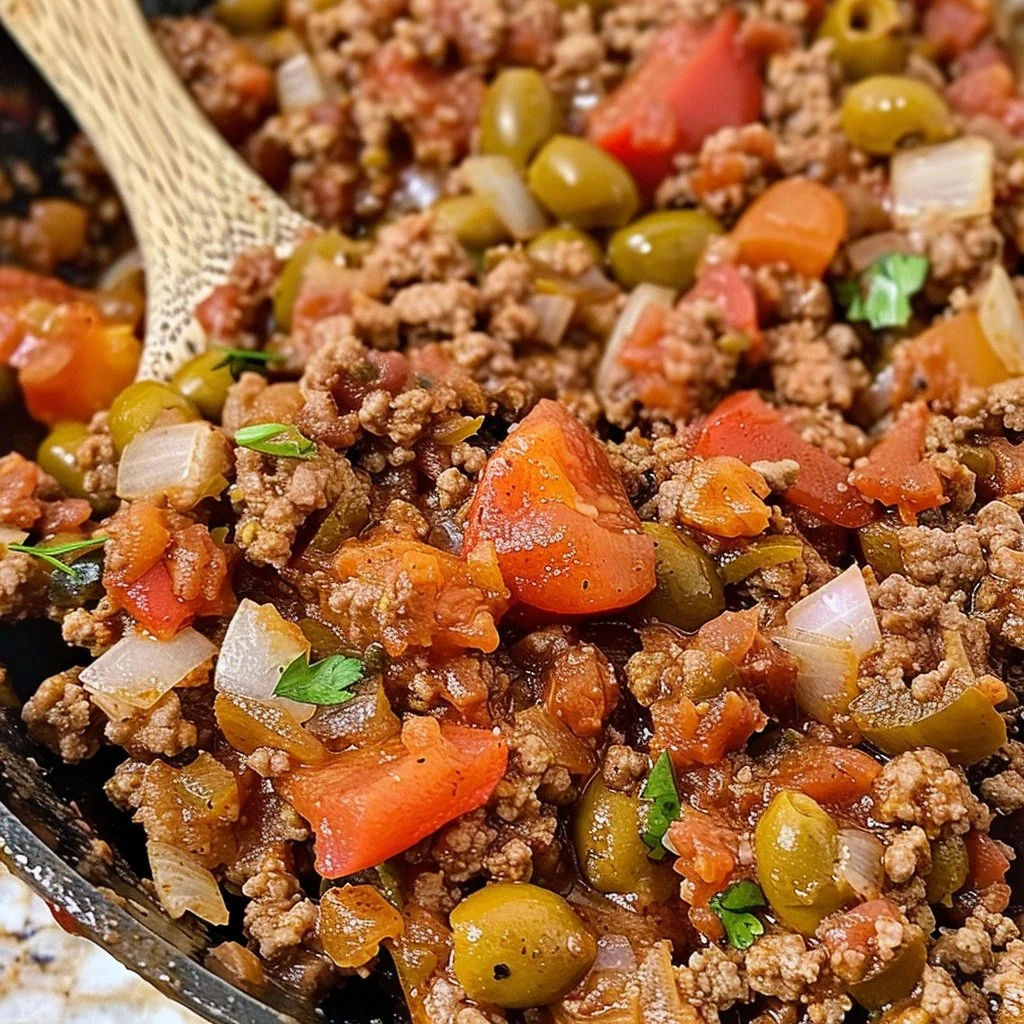 Delicious Cuban Picadillo served with rice and garnished with olives.
