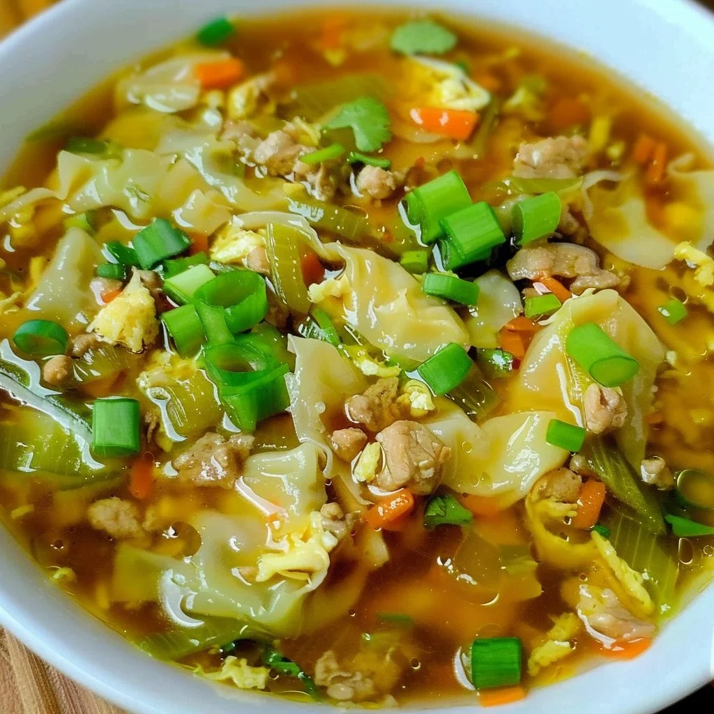 Bowl of Quick & Easy Egg Roll Soup with fresh vegetables and seasonings