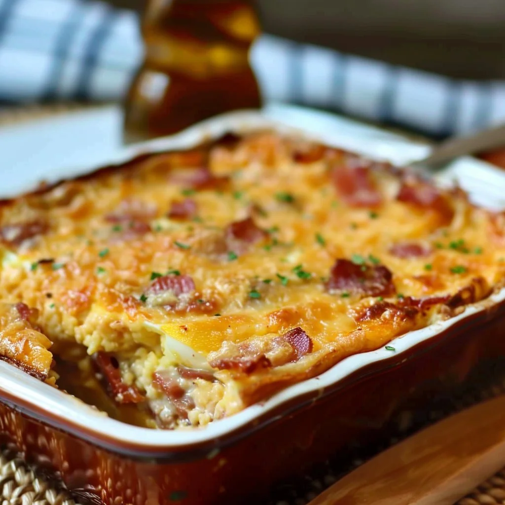 Delicious simple Bacon Egg Casserole served fresh from the oven