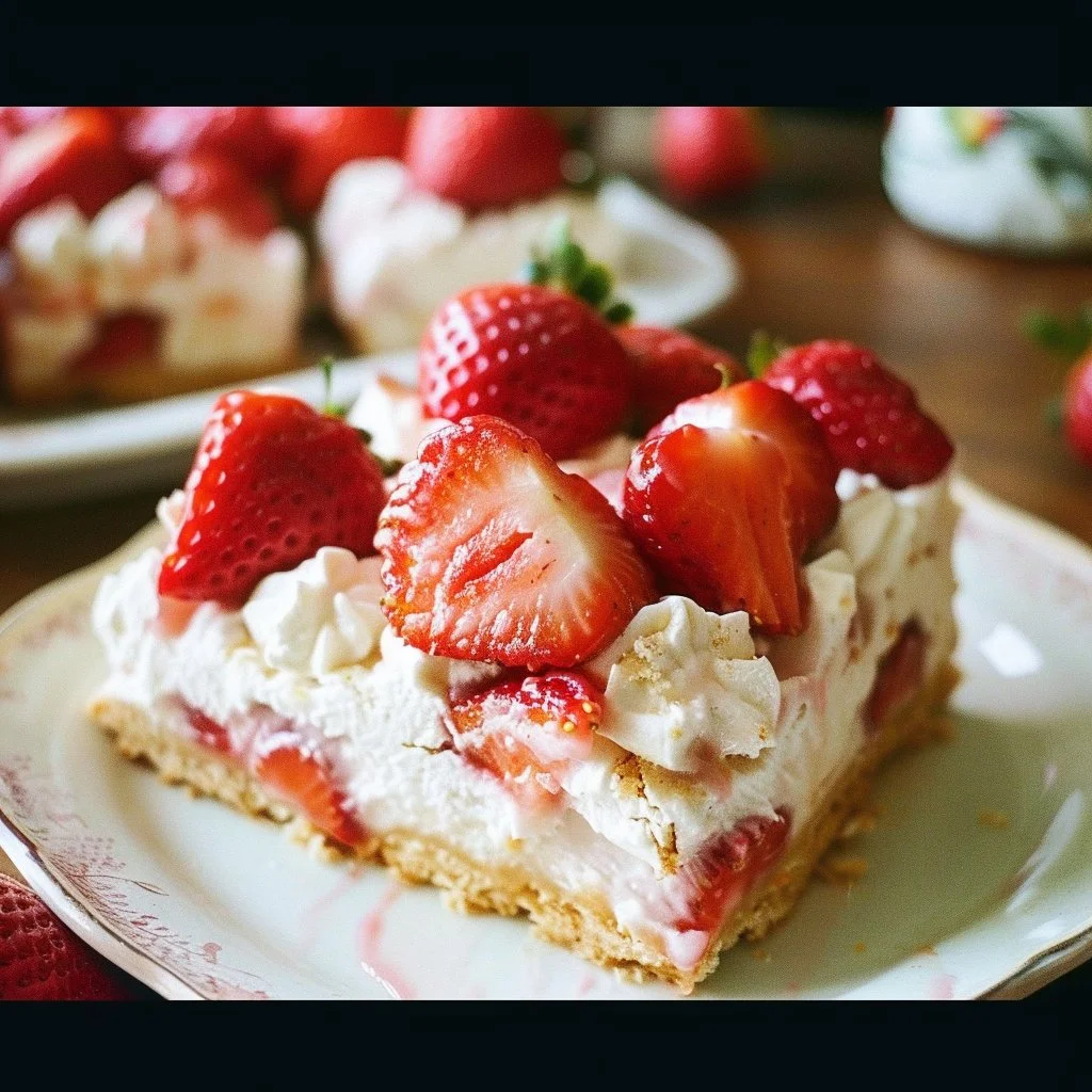 Strawberry shortcake bars with fresh strawberries and whipped cream