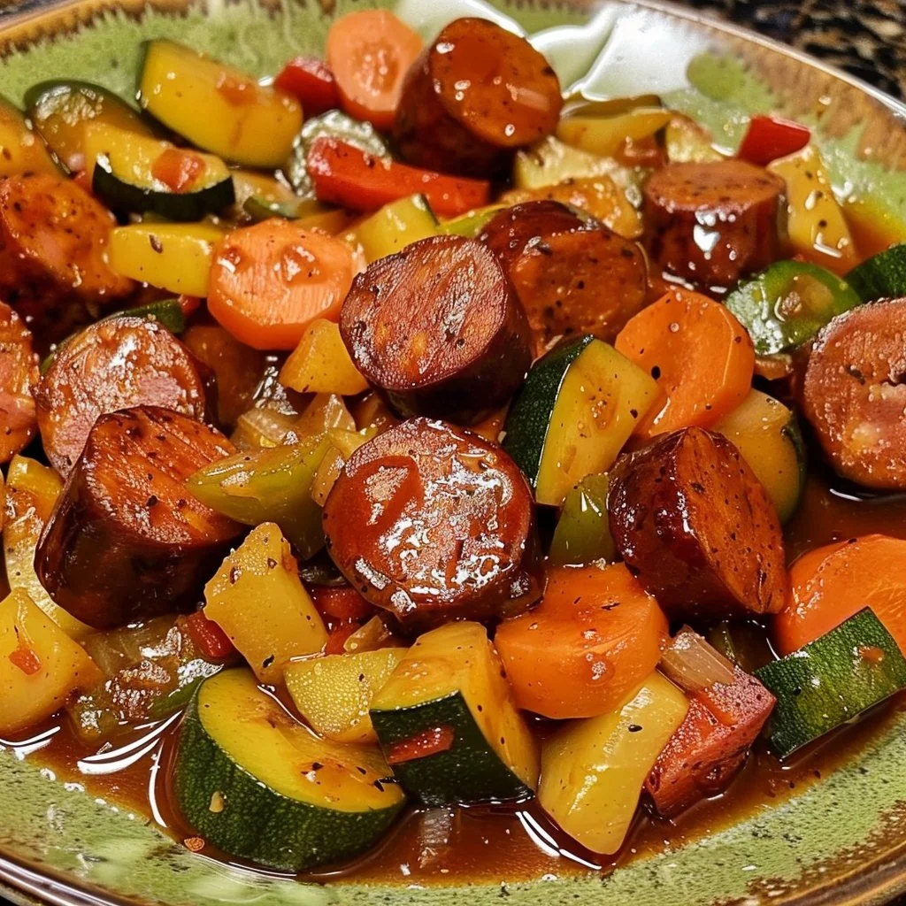 Plate of sweet and sour kielbasa with colorful mixed vegetables