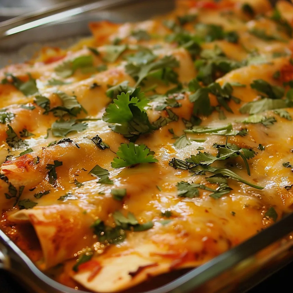 Delicious Swiss Chicken Enchiladas topped with melted Swiss cheese